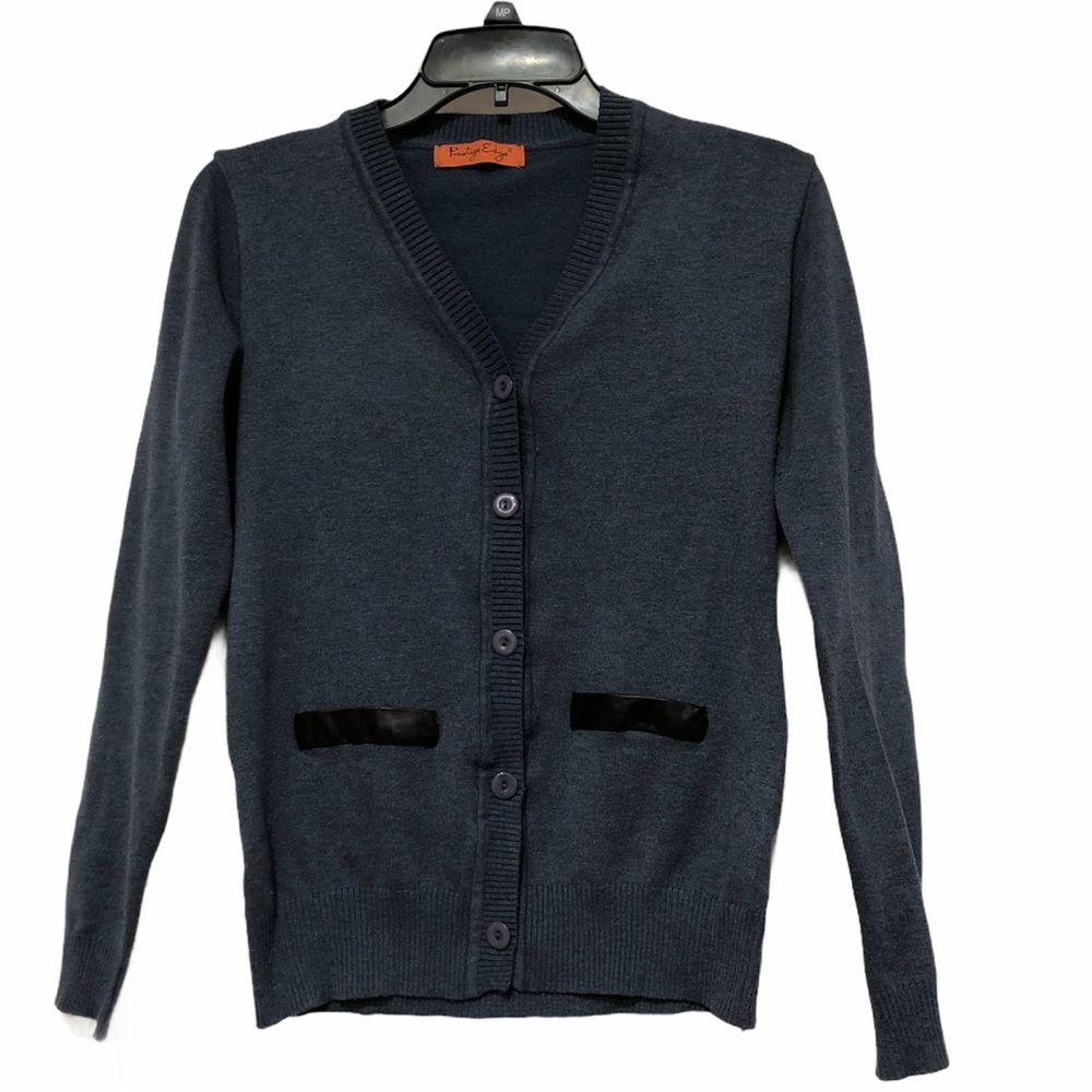 Navy Blue Button Up Sweater Faux Leather